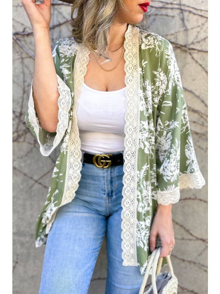 Olive Floral - w/ Lace Detail 3/4 Sleeve Kimono