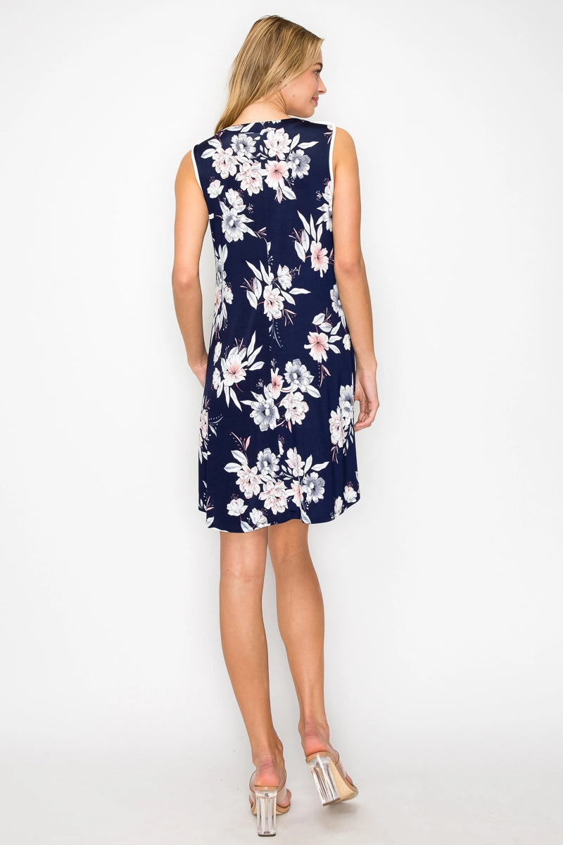 Perseption Printed Contrast Pipping Sleeveless A-Line Dress