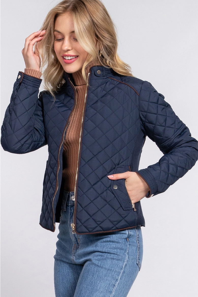 Active Basic Suede Piping Detail Rib Quilted Padding Jacket