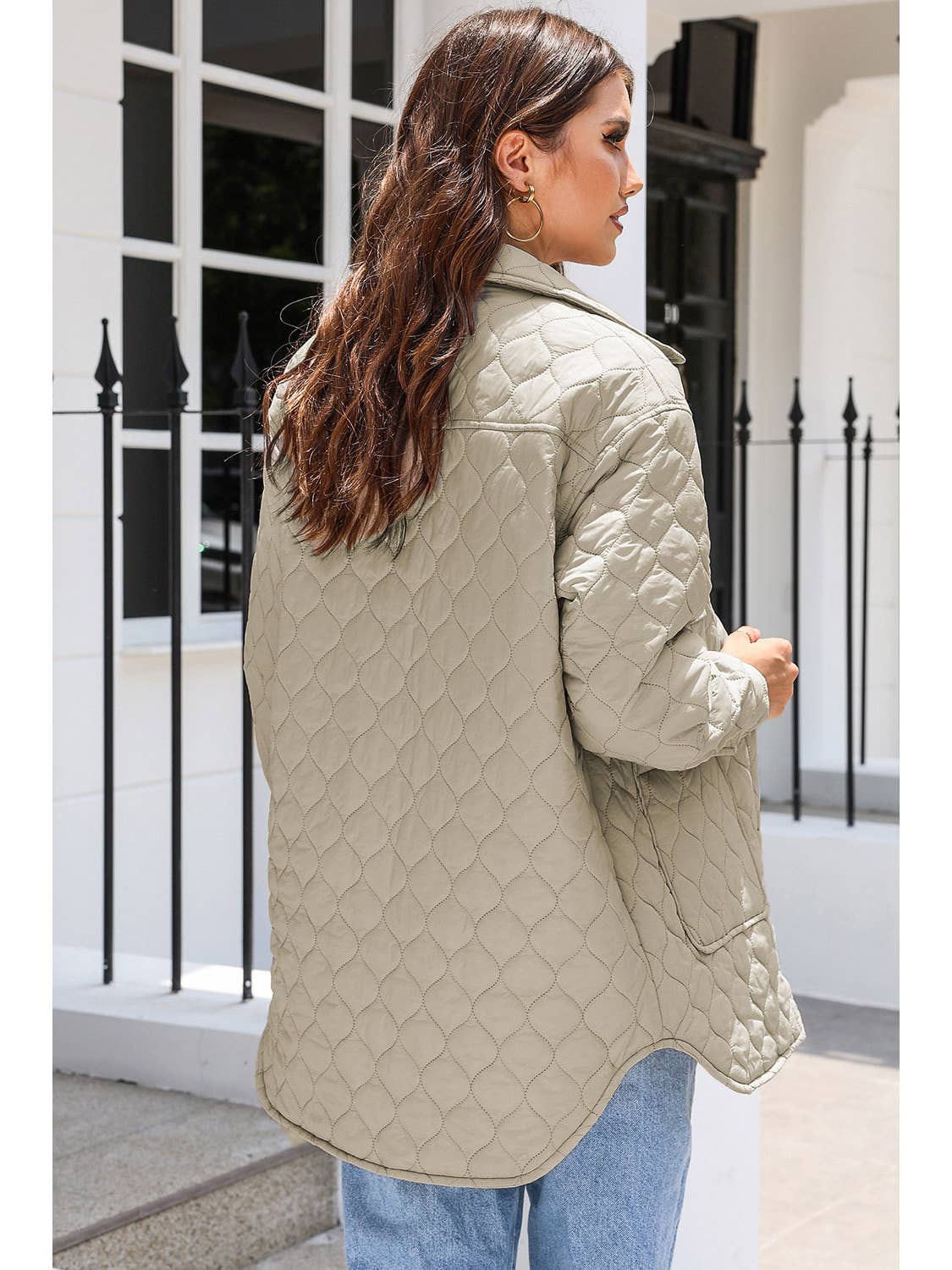 Beige 4 big pockets Quilted button down puffer Coat