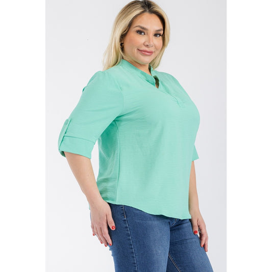 Split Neck Roll Up Sleeve Relaxed Blouse