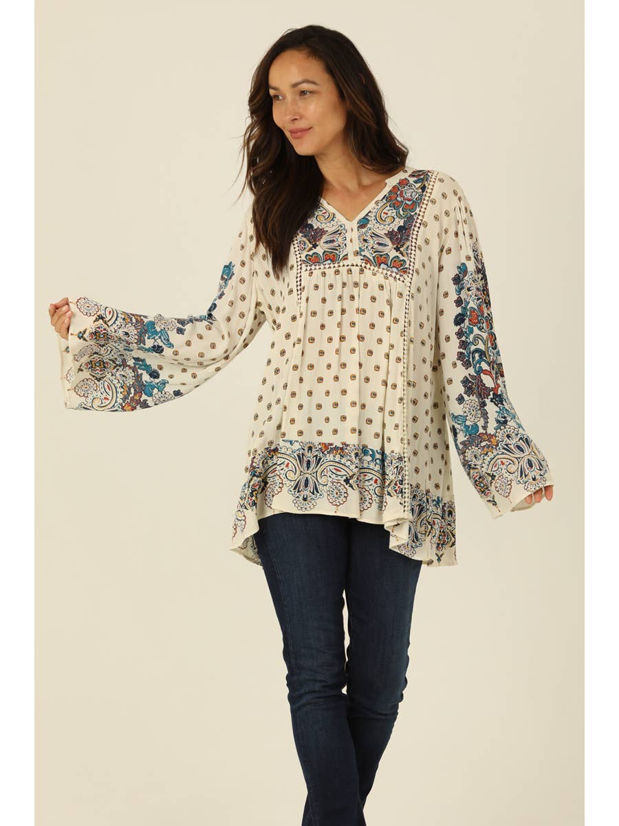 Printed bell sleeve tunic w/ crochet lace