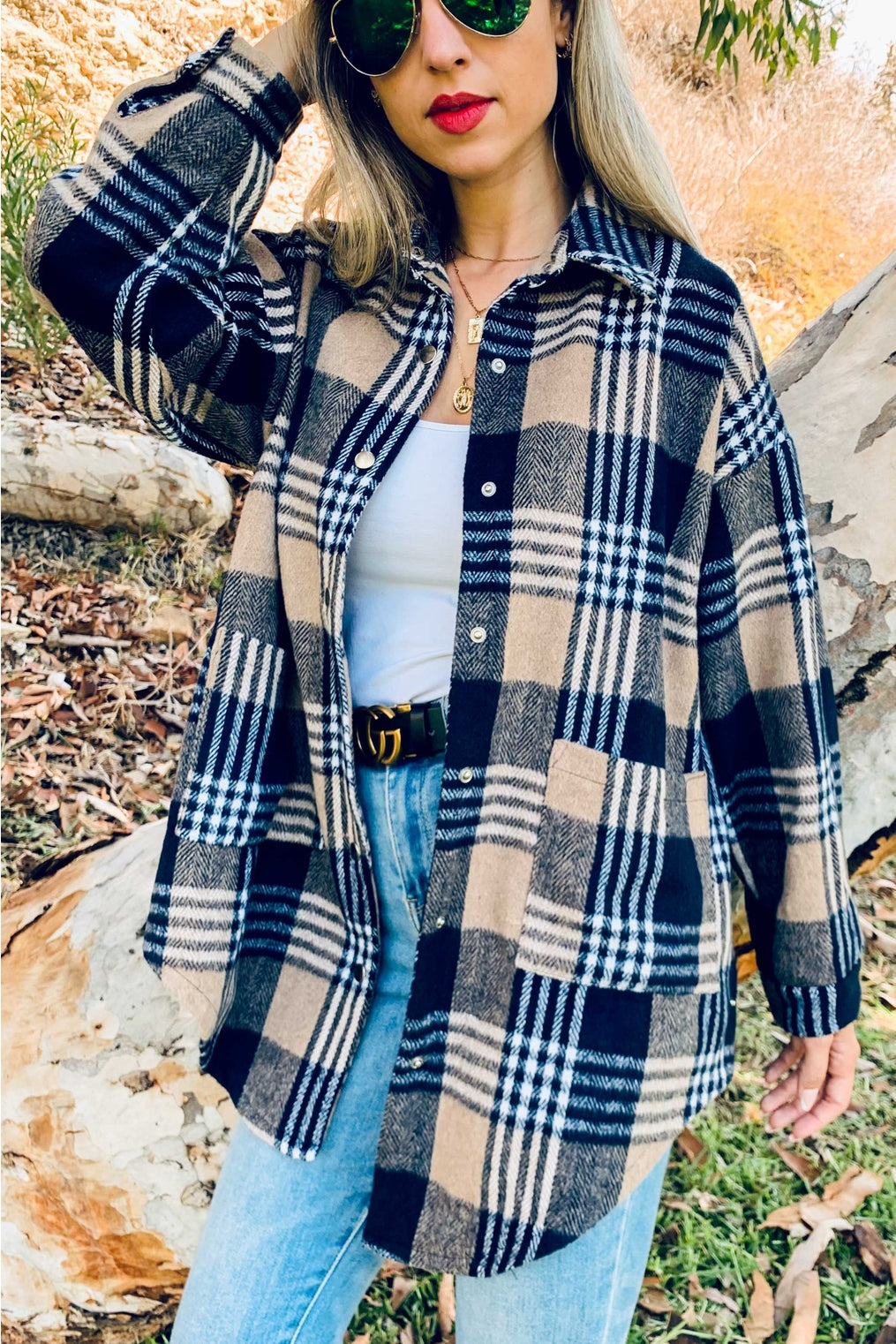Plaid - Side Button Down Detail Oversized Jacket
