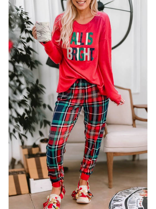All is Bright - Graphic Christmas Plaid Pajamas Set