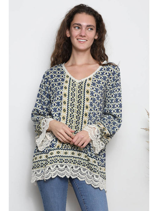 Printed long bell sleeve top w/ lace trim