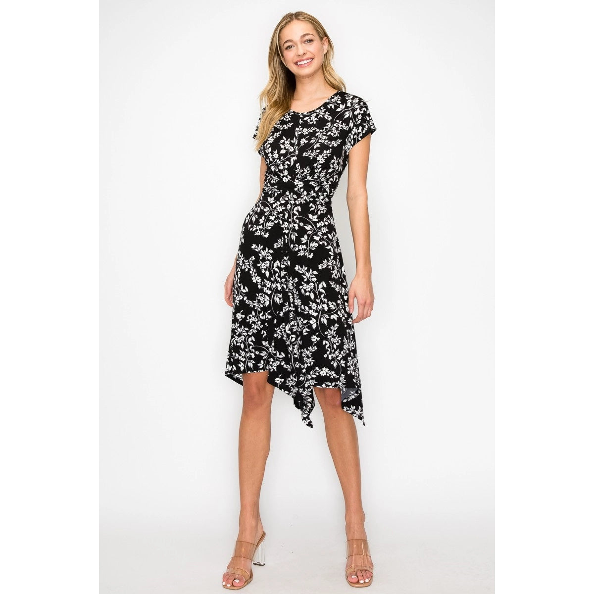 Perseption Printed Rouched Waist Hanky Hem Short Sleeve Dress