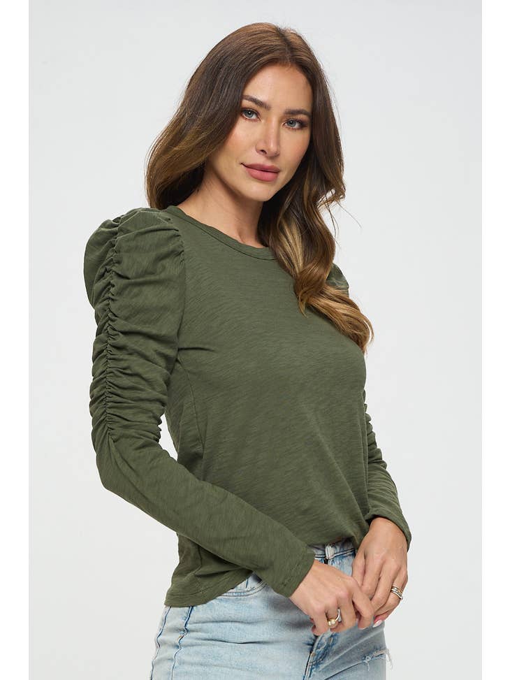 Olive Forest - Solid Long Puff Sleeve Top
