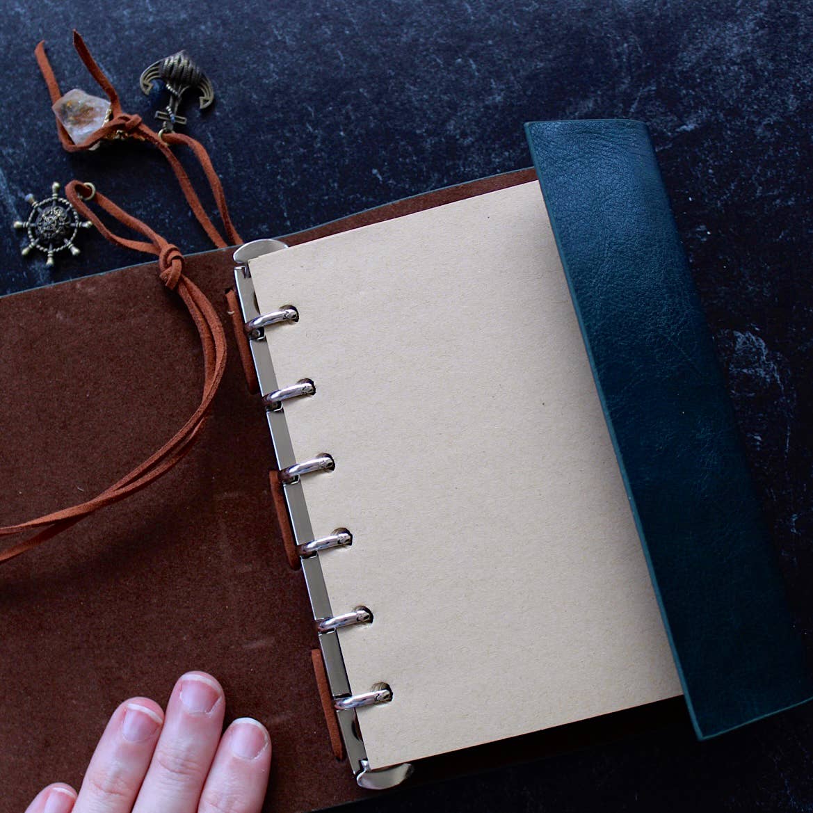 Leather Notebook w/ Crystal Accent - (Crystals and Stones): Natural Brown Cover w/ Rose Quartz