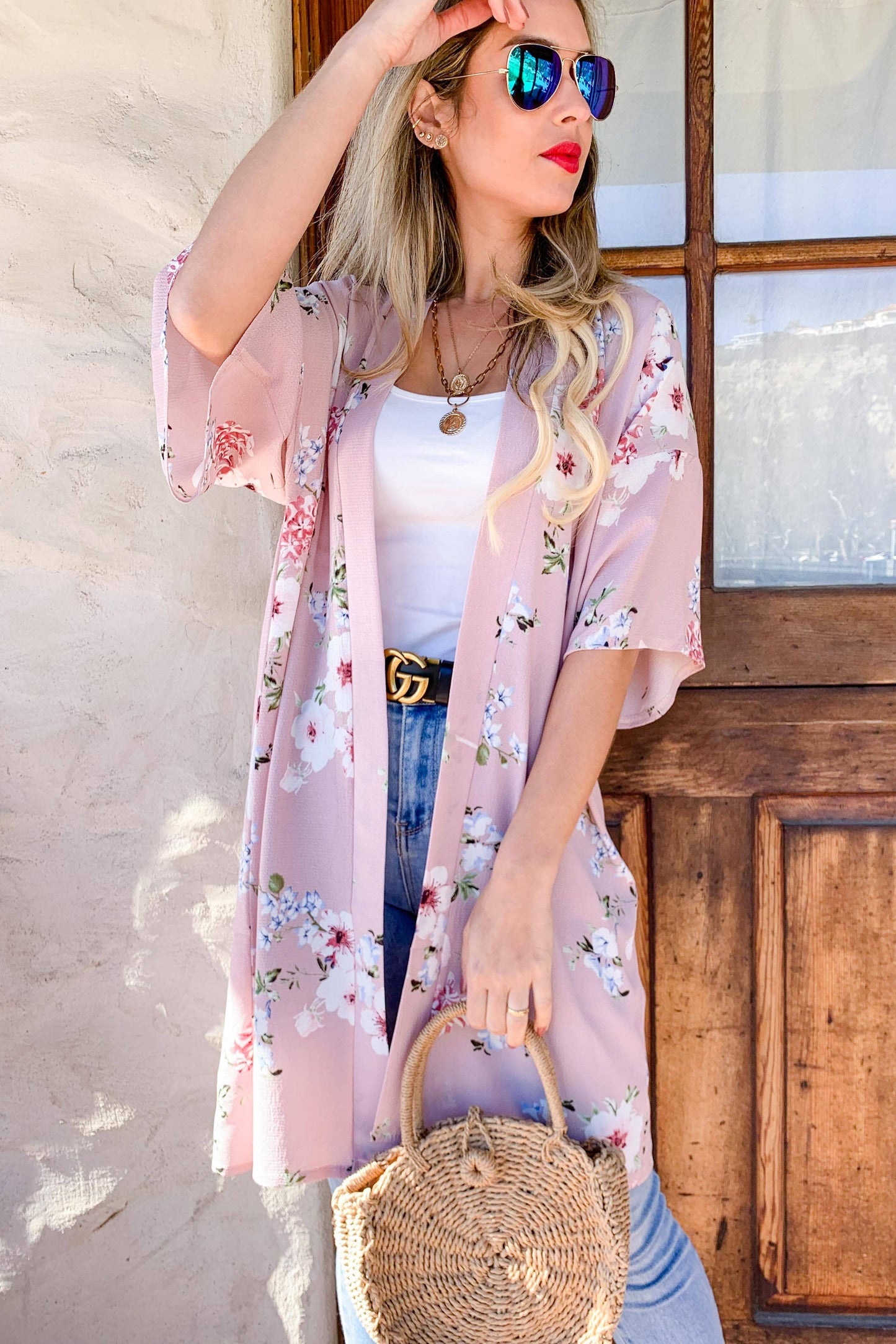 Rose Floral Printed Kimono Cover Up Cardigan: Rose / One Size