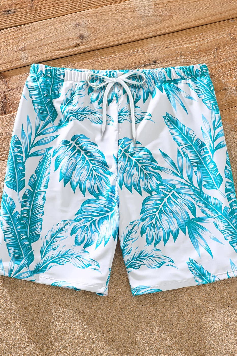 Patpat Matching Blue Leaf Print Swim Trunks