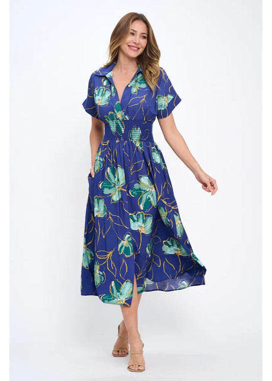 Renee C. Made in USA Floral Print V Neck Collared Dress with Smock
