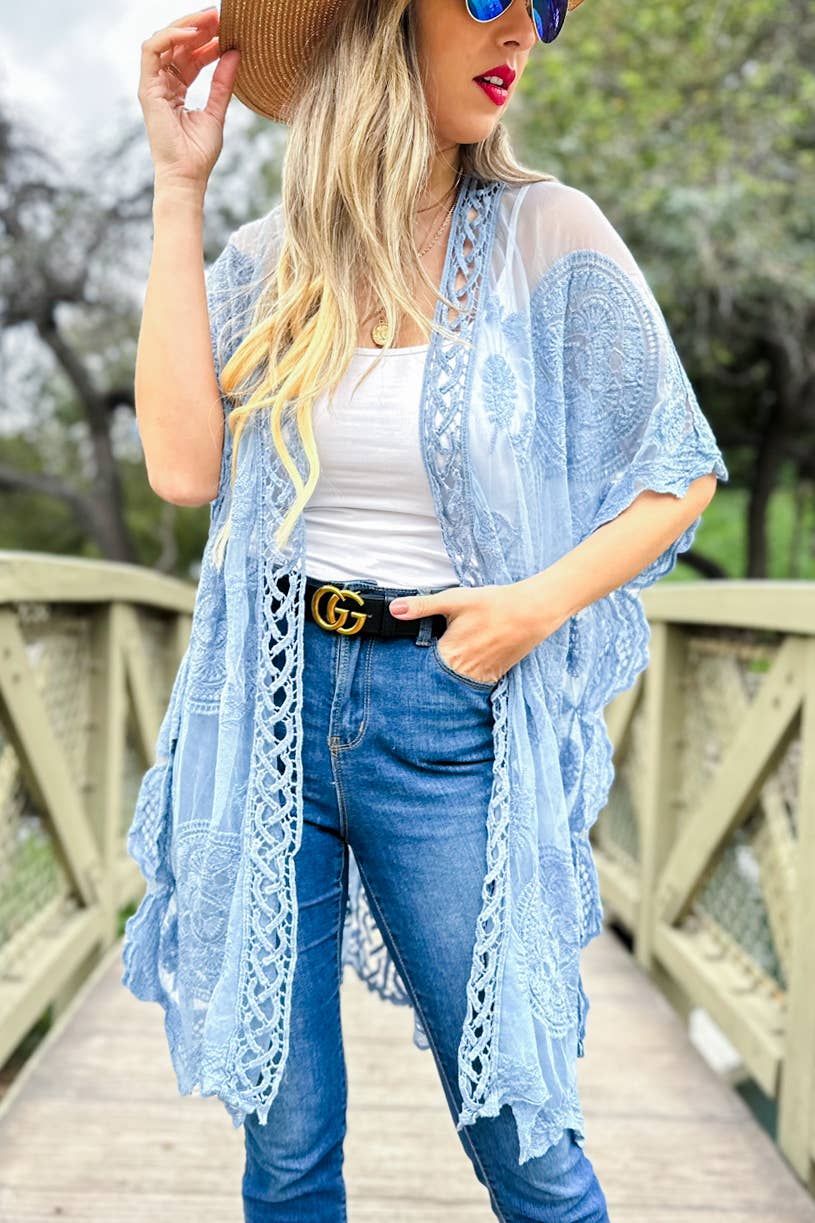 Blue Floral Lace Sheer Open Front Kimono Cover Up: One Size