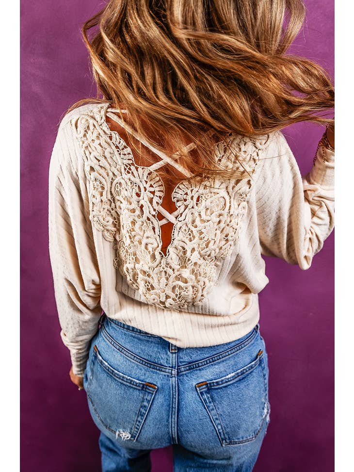 Oatmeal Lace -Up Crochet Open Back Ribbed Top