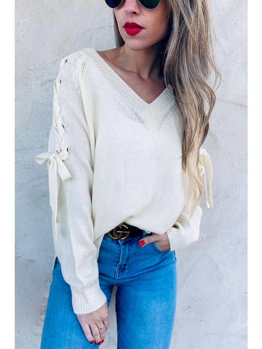 Ivory Braid - Tie Shoulder Light Weight Knitted Top