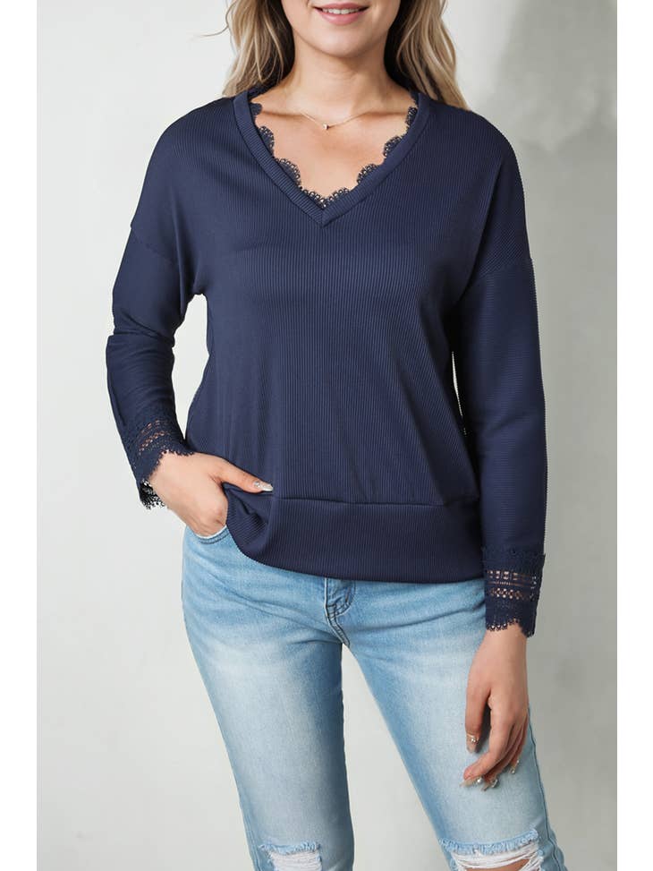 A Hint O’ Lace - Ribbed Texture Lace Trim V Neck Long Sleeve Top