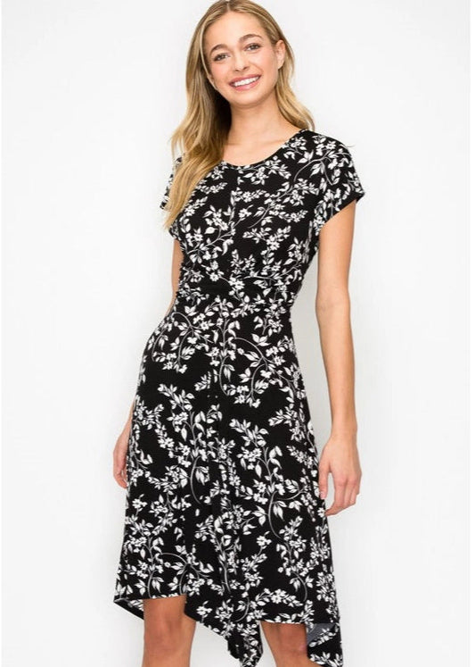 Perseption Printed Rouched Waist Hanky Hem Short Sleeve Dress
