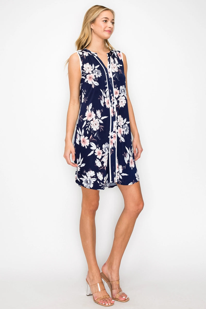 Perseption Printed Contrast Pipping Sleeveless A-Line Dress