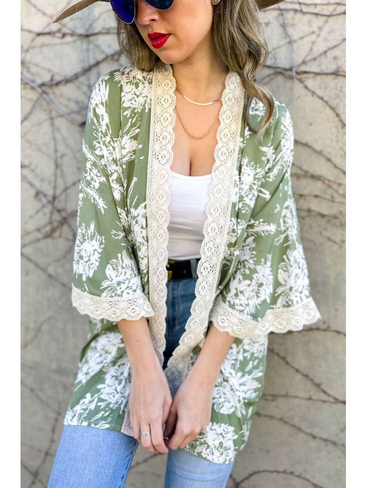 Olive Floral - w/ Lace Detail 3/4 Sleeve Kimono