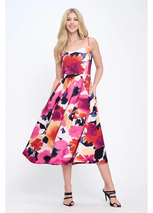 Renee C. Made in USA Floral Print Midi Dress with Smock Back Detail