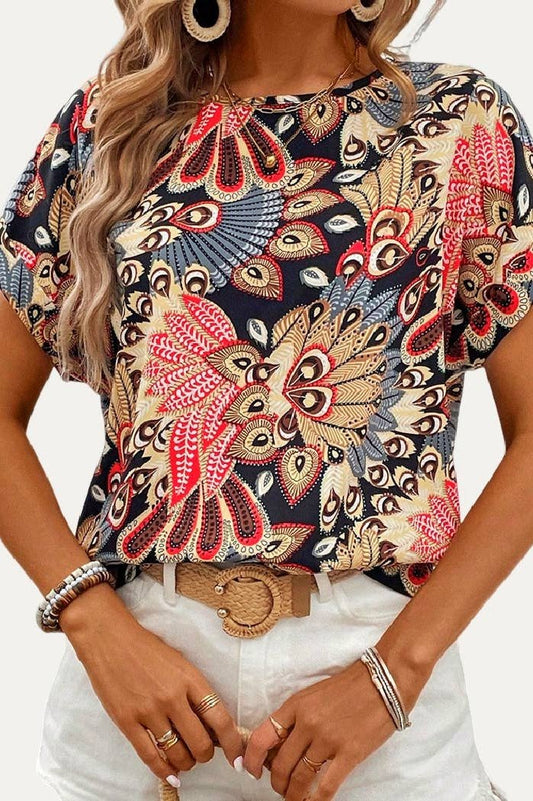 The Moment Collection Chic Floral Print Round Neck Short Sleeve Top