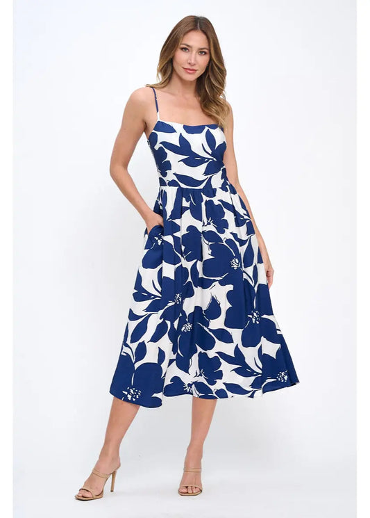 Renee C. Made in USA Floral Print Midi Sleeveless Dress with Pockets