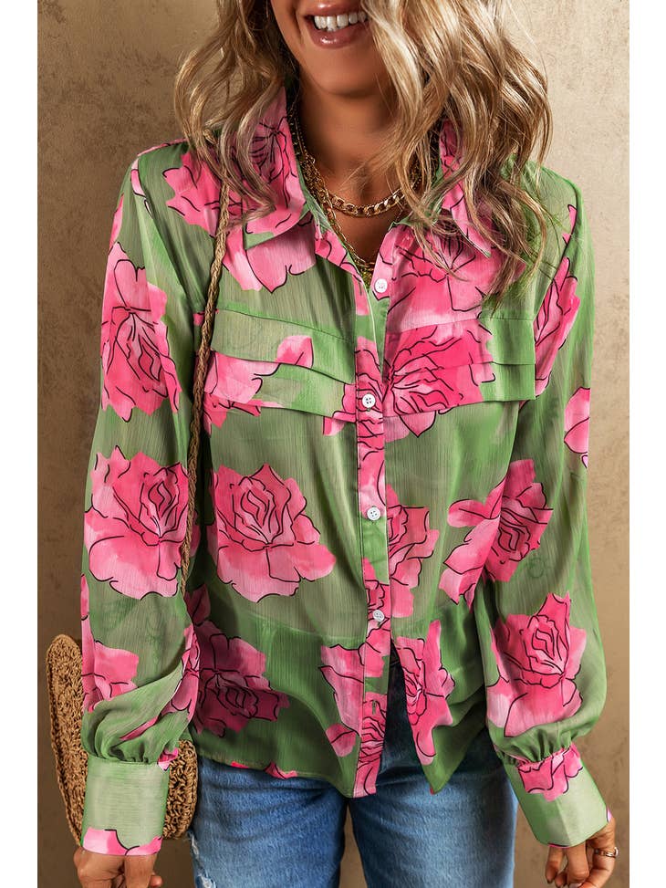 Pink Roses- Green Floral Print Pleated Detail Puff Sleeve Shirt