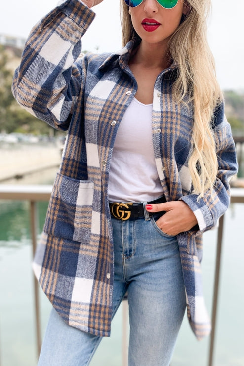 Plaid - Side Button Down Detail Oversized Jacket