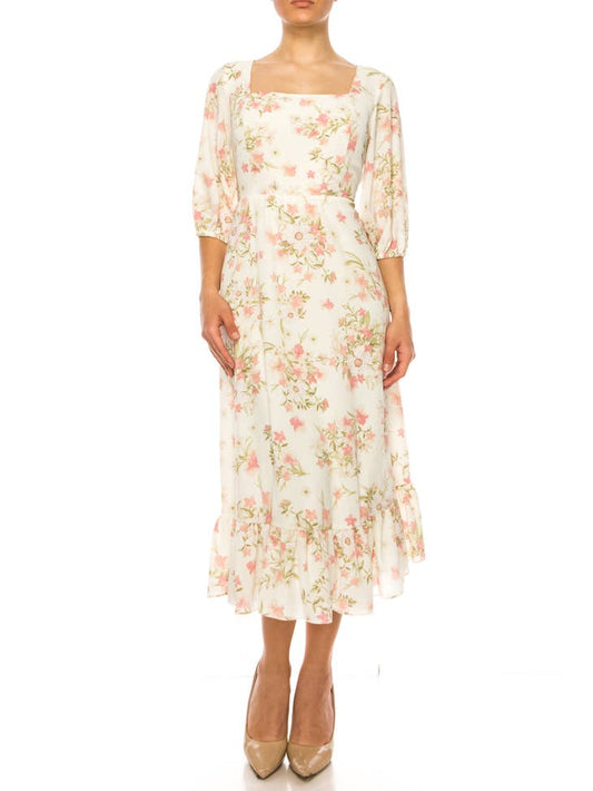 Sweet in Sweet Pea - Three Quarter Sleeve Floral Midi Dress