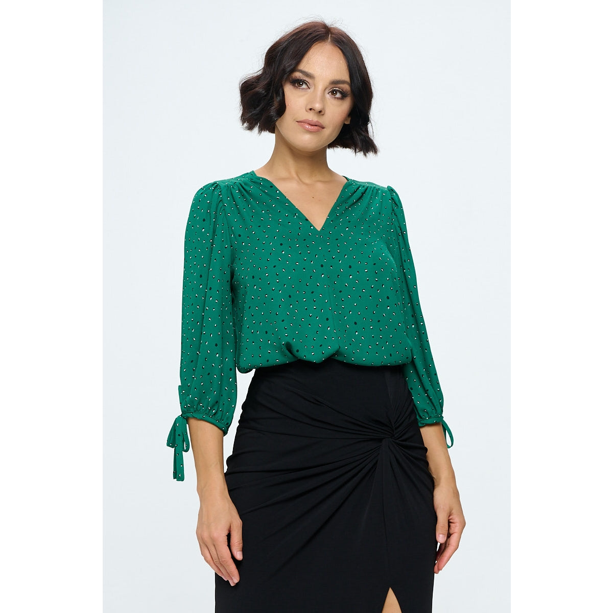 V Neck Top with Sleeve Tie - Kelly Green