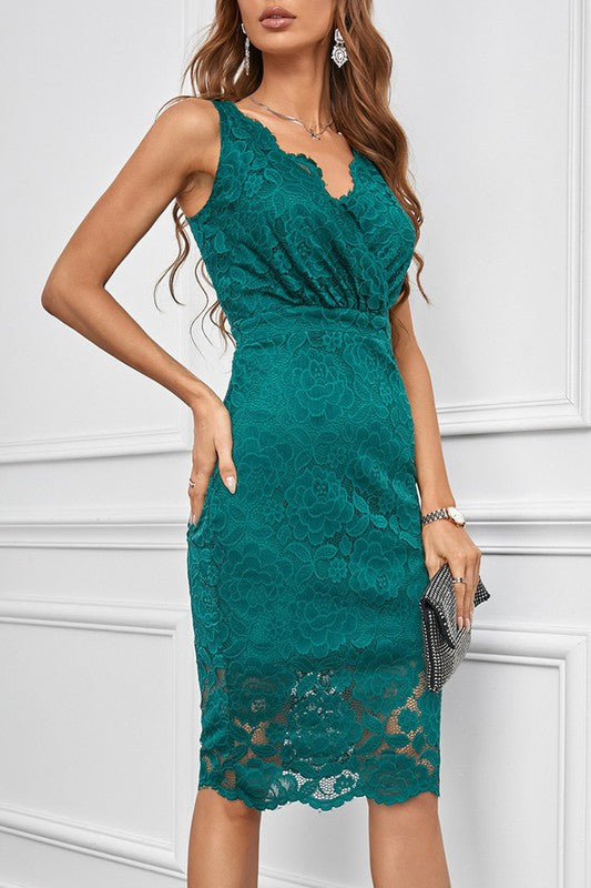 Lace Deep V Neck Bodycon Dress - Wine Red & Green