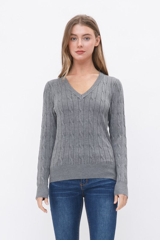 Cable Knit V-Neck Pull Over - Last one Left* Gray-size Medium
