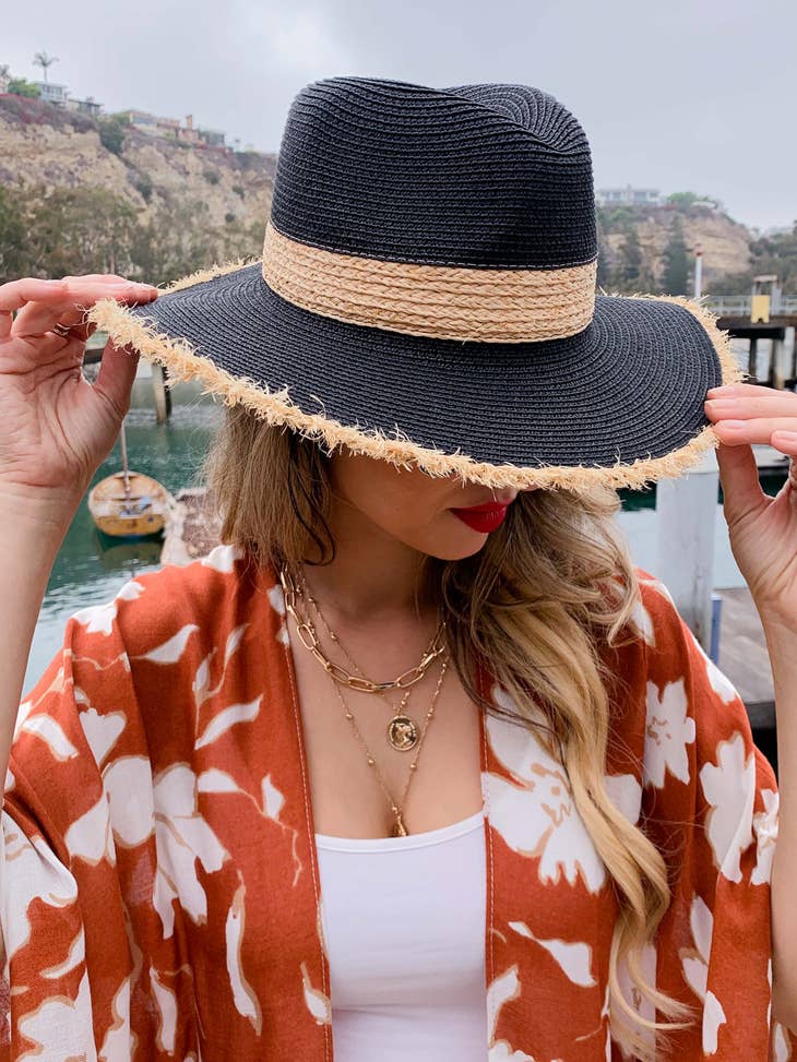 Boat Hair, Don't Care - Natural Straw Fedora Hat - Black