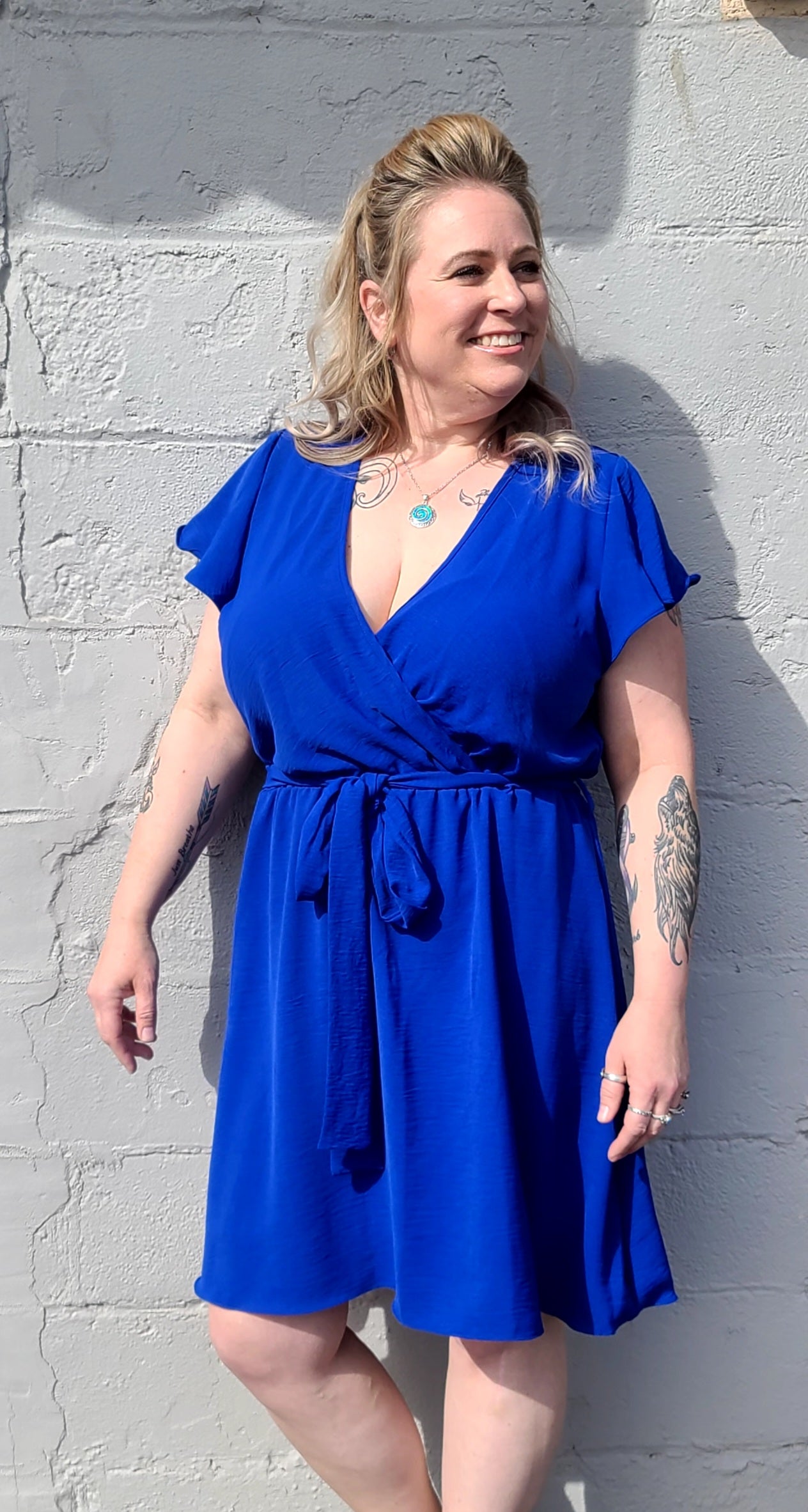 Royal Blue Butterfly Sleeve Belted Dress
