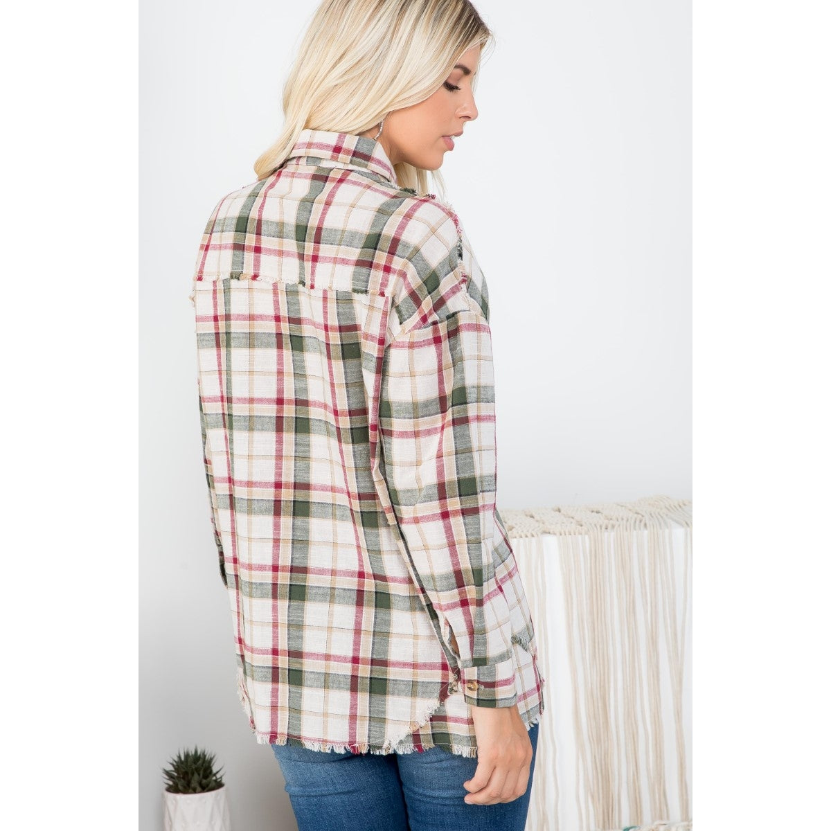 Plaid Flannel Button Down Raw-Cut Hem Shirt - Olive