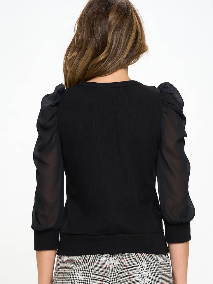 Pretty in Black - Round neck Top w/ Sheer Puff Sleeve