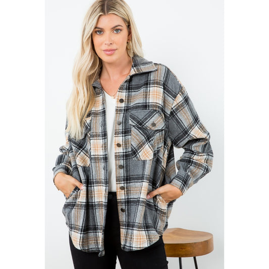 PLAID BUTTON-DOWN SHACKET- Grey - Last one Left*