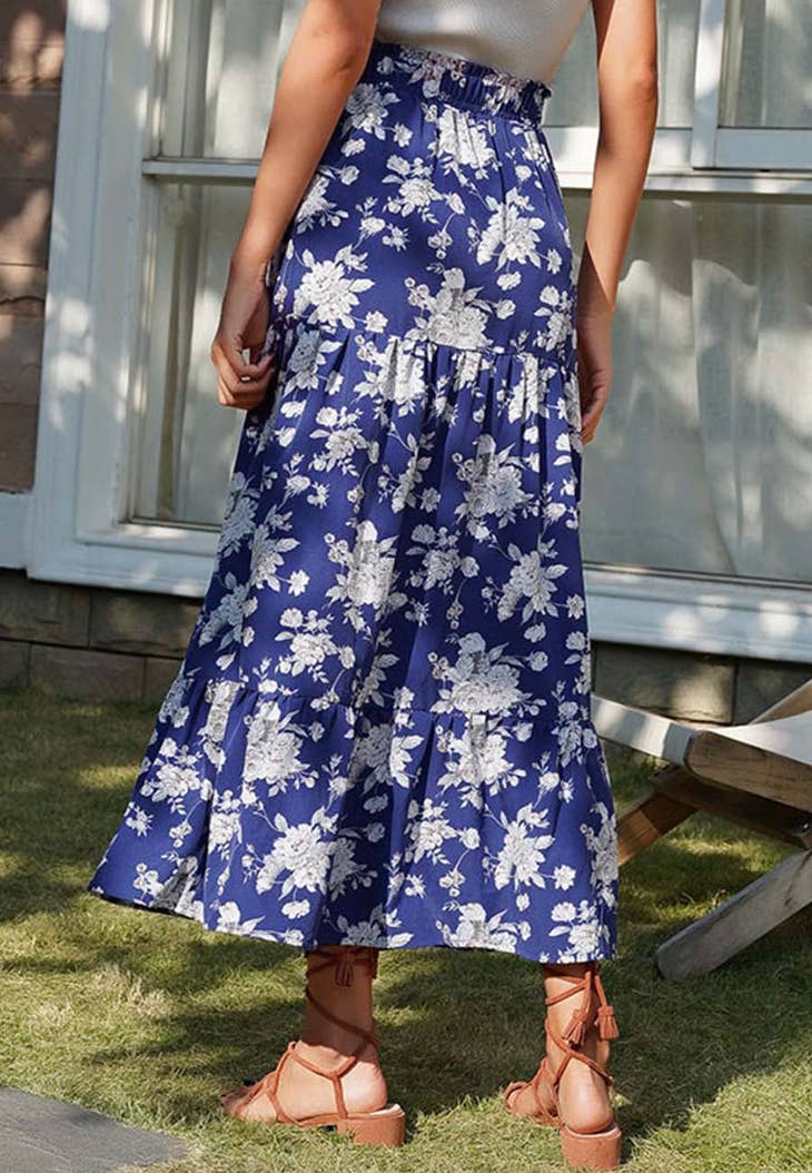 Blooming Blue - Shirred Waist Floral Maxi Skirt - Last one Left*