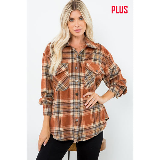 Plaid Button Down Shacket - Brown - Curvy Girl* - Last one Left* size 3X
