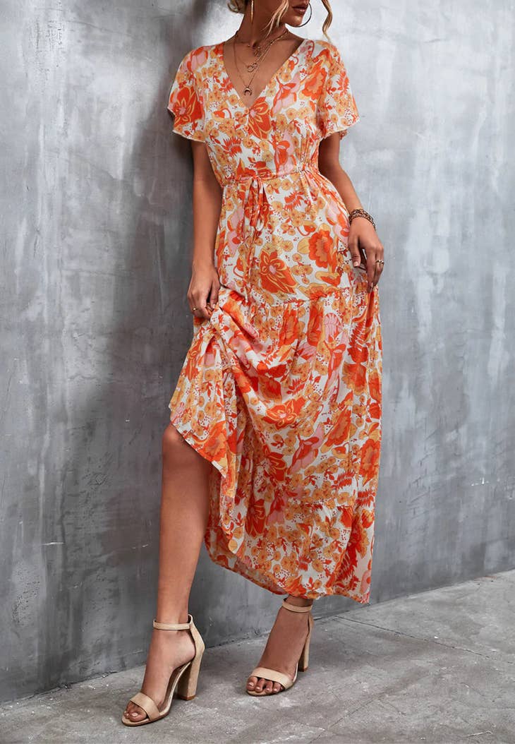 Poolside Vibes - V Neck Tropical Print Maxi Dress