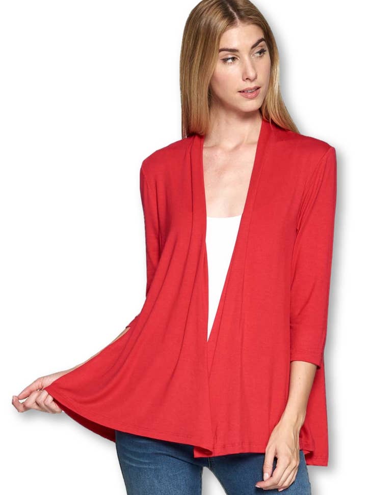 Ready in Red - Solid Bamboo 3/4 Sleeve Open Front Cardigan