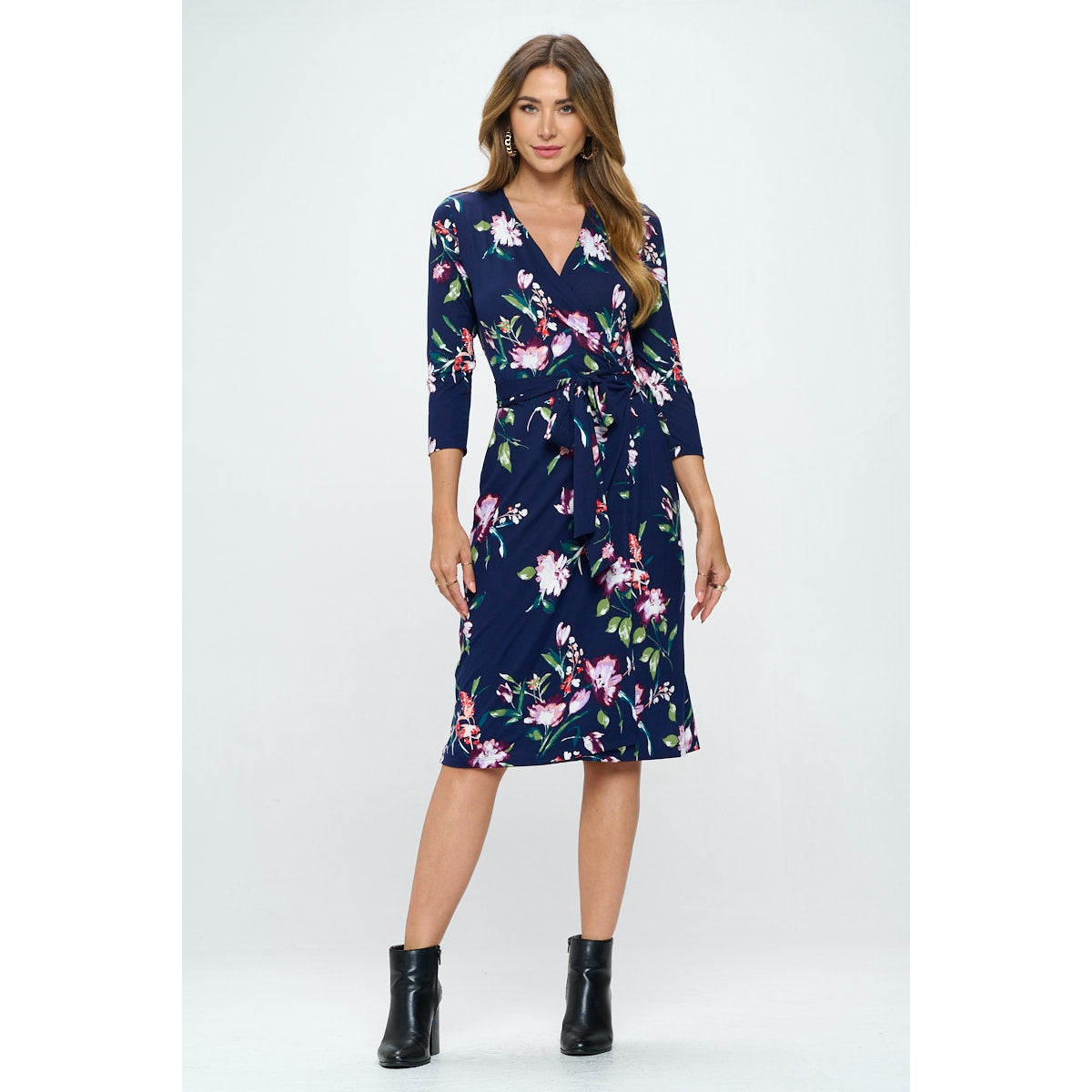 V Neck Wrap Dress with Tie - Floral Navy
