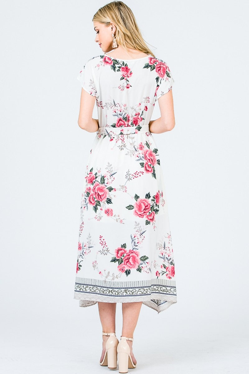 Floral Hi-low dress with belt & pockets